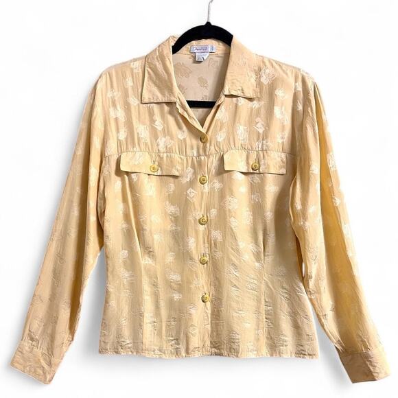 Tahari Jacquard Silk Pale Yellow Double Breasted Blouse size 8 - Picture 1 of 9